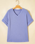 Solid Waffle Knit V-Neck Short Sleeve Top