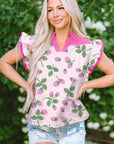 Stripe Strawberry Patchwork Flutter Sleeve V-Neck Blouse