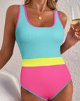 Colorblock Textured Patchwork One-Piece Swimsuit