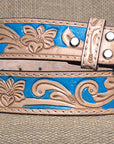 Unisex Western Full-Grain Leather Belt With Floral Tooled Design For Everyday Wear