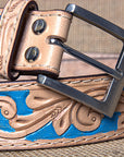 Unisex Western Full-Grain Leather Belt With Floral Tooled Design For Everyday Wear