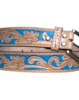 Unisex Western Full-Grain Leather Belt With Floral Tooled Design For Everyday Wear