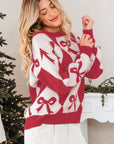 Bow Colorblock Rhombus Drop Shoulder Sweater