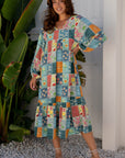 Floral Patchwork Long Sleeve Ruffle Hem Midi Dress