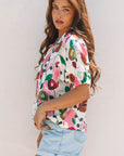 Floral Slit V-Neck Short Sleeve Blouse