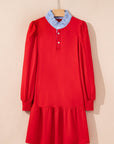 Stripe Contrast Collar Puff Sleeve Ruffle Mini Dress