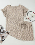 Heather Textured Ruffle Sleeve Top & Drawstring Shorts Set