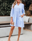Stripe 3/4 Sleeve Pocketed Tiered Dress