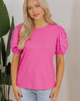 Ribbed Pearl Beaded Puff Sleeve Top