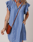 Stripe Frilly Neck Shirred Ruffle Sleeve Mini Dress