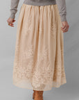 Solid Embroidered Mesh Overlay Midi Skirt