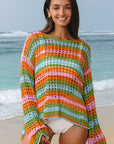 Stripe Open-Knit Beach Cover-Up Sweater