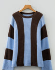 Stripe Colorblock Thermal Textured Knit Drop Shoulder Sweater