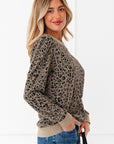 Leopard Ribbed Trim Long Sleeve Top