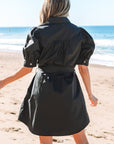 Malaya Button Up Tie Waist Puff Sleeve Mini Dress