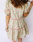 Floral Ricrac Trim Contrast V-Neck Puff Sleeve Dress