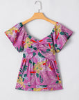 Floral Sweetheart Neck Flutter Sleeve Blouse