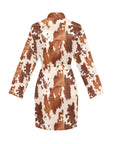 Light Brown Cow Print Women's Long Sleeve Belted Satin Feel Dressing Lounge Robe