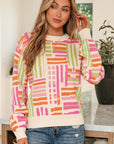 Geometric Stripe Crewneck Puff Sleeve Sweater