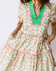 Floral Ricrac Trim Contrast V-Neck Puff Sleeve Dress