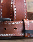 34 Inch 3D Brown Mens Leather Stitched Basic Belt Brass Buckle