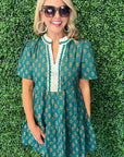 Floral Contrast Trim V-Neck Short Sleeve Dress