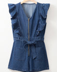 Denim Ruffle Sleeve Zip Front Belted Romper