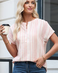 Stripe Half Buttoned Short Sleeve Blouse