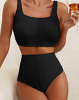 Colorblock Corded Top & High Waist Bikini Set