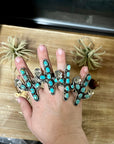 Blue Turquoise Cactus Ring with flower - Adjustable - Brass silver
