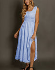 Shirred Pleated Square Neck Sleeveless Midi Dress