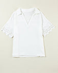 Embroidered Eyelet Crinkled Gauze Collared V-Neck Blouse