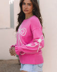Bow Tie Corded Embroidery Ruffle Cuff Sweater