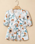 Floral Puff Sleeve V-Neck Babydoll Blouse