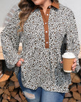 Plus Size Leopard Contrast Trim Puff Sleeve Blouse