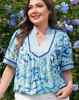 Plus Size Scallop Trim Floral Short Sleeve Blouse