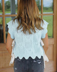 Pointelle Knit Scallop Trim Short Sleeve Sweater