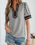 Stripe Collared V-Neck Bubble Sleeve Blouse