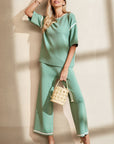 Contrast Trim Top and Drawstring Pants Set
