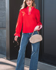 Stripe Trim Ruffle Split Neck Long Sleeve Blouse