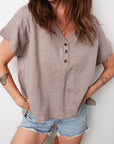 Stripe Buttoned V-Neck Short Sleeve T-Shirt