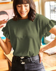 Solid Ribbed Knit Ruffle Short Sleeve T-Shirt