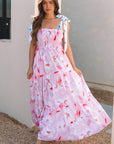 Flora Floral Knotted Shoulder Smocked Maxi Dress
