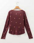 Floral Ribbed Notched Neck Long Sleeve Top
