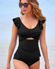 Solid Ruffle Crossed Cutout Tankini Set