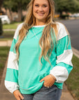 Aruba Blue Colorblock Patchwork Cross Seam Plus Sweatshirt