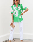 Floral Ricrac Trim Puff Sleeve Buttoned Shirt