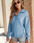 Solid Collared Drop Shoulder Side Slit Sweatshirt
