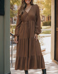 Solid Buttoned V-Neck Long Sleeve Tiered Maxi Dress