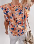 Flower Notch Neck Ruffle Sleeve Blouse